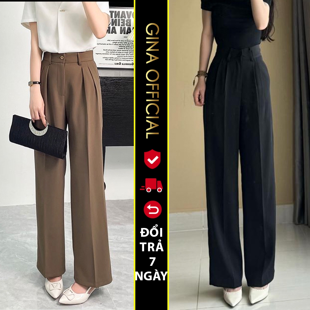  Quần Âu Tây Vải ống Suông rộng Nữ chất vải gold mềm mịn không nhăn bai xù dáng xuông cạp cao công sở màu Đen Trắng 