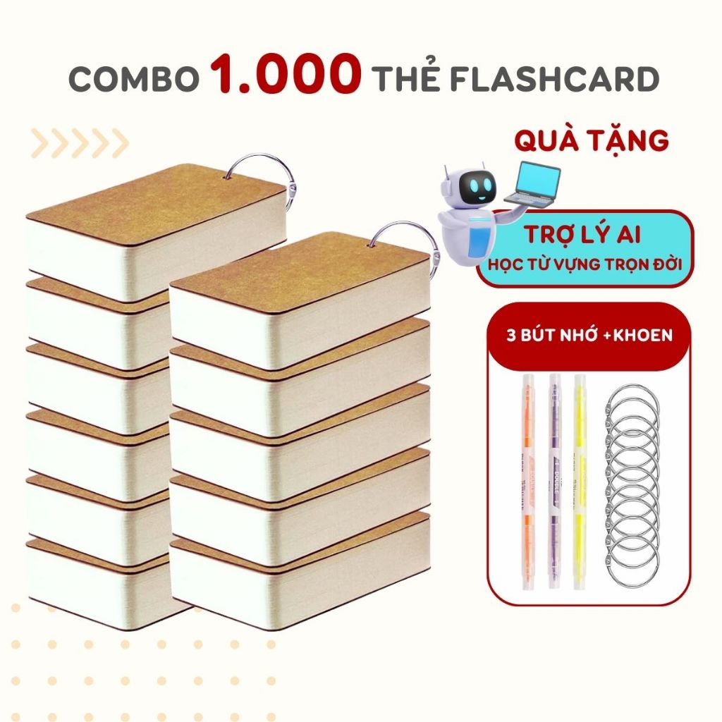 Thẻ học từ vựng flashcard combo 1000 thẻ flashcard trắng tặng kèm trợ lý hỗ trợ học tiếng anh trung 
