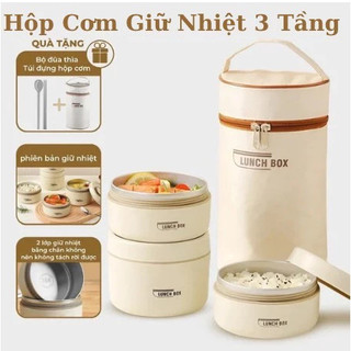  Hộp Cơm Giữ Nhiệt Lúa Mạch 3 Tầng Lõi Inox Kèm Túi Đựng 