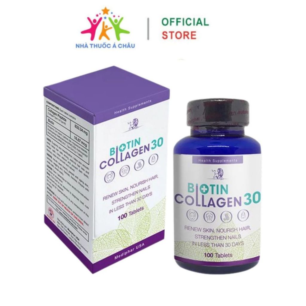 Biotin Collagen 30 Viên uống đẹp da, hỗ trợ mọc tóc chuẩn - Hộp 100 viên