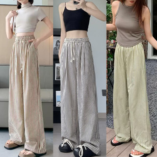 Quần Ống Rộng Nữ Kẻ Sọc Chất Liệu Đũi Xốp Siêu Mềm Mát Cạp Chun Co Dãn Avocado