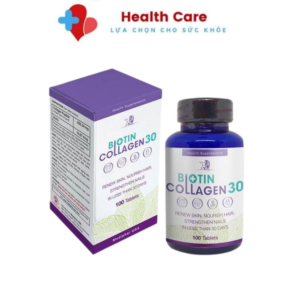 Biotin Collagen 30 Viên uống đẹp da, hỗ trợ mọc tóc chuẩn - Hộp 100 viên