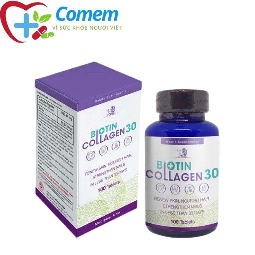 Biotin Collagen 30 Viên uống đẹp da, hỗ trợ mọc tóc chuẩn - Hộp 100 viên