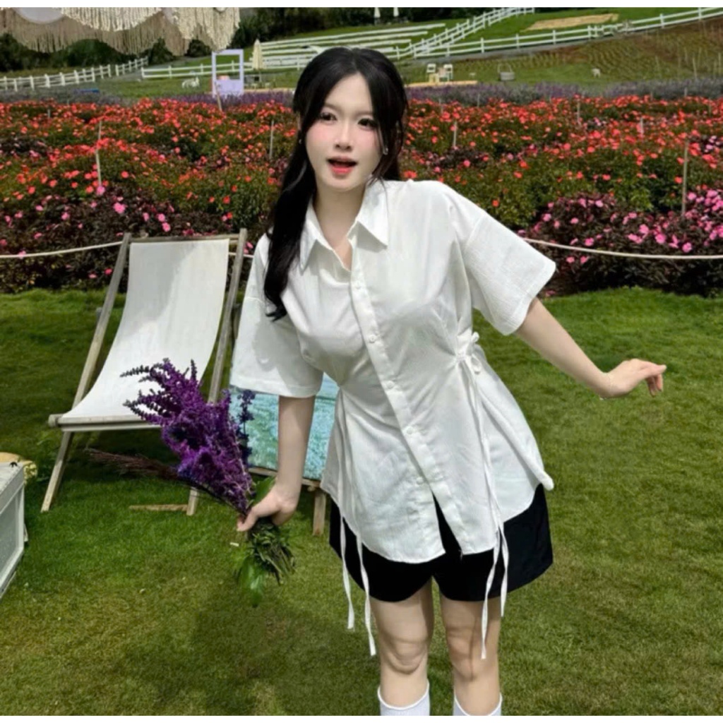 Áo sơ mi cộc tay chất đũi thô chiết eo nơ,áo kiểu nữ có dây buộc eo nhẹ nhàng kiểu dáng tiểu thư,thanh lịch ,hottrend | BigBuy360 - bigbuy360.vn