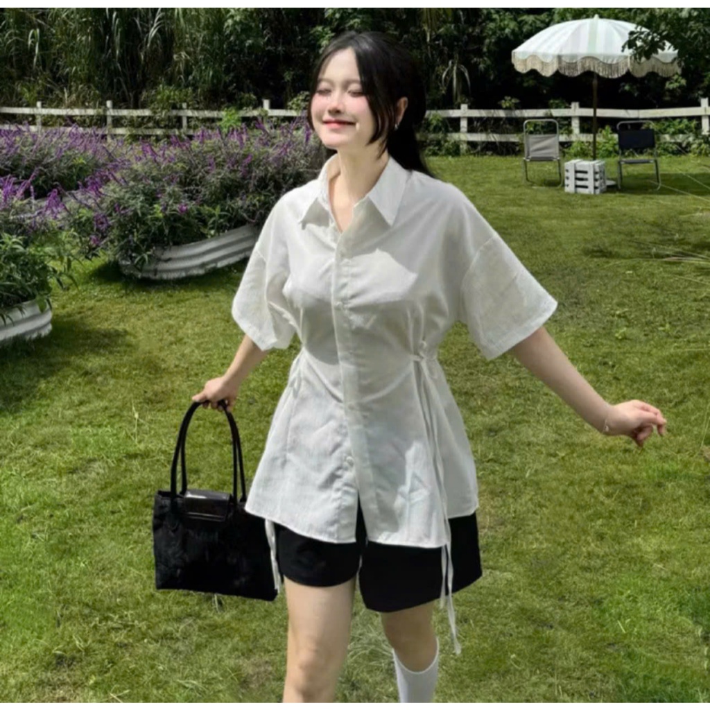 Áo sơ mi cộc tay chất đũi thô chiết eo nơ,áo kiểu nữ có dây buộc eo nhẹ nhàng kiểu dáng tiểu thư,thanh lịch ,hottrend | BigBuy360 - bigbuy360.vn