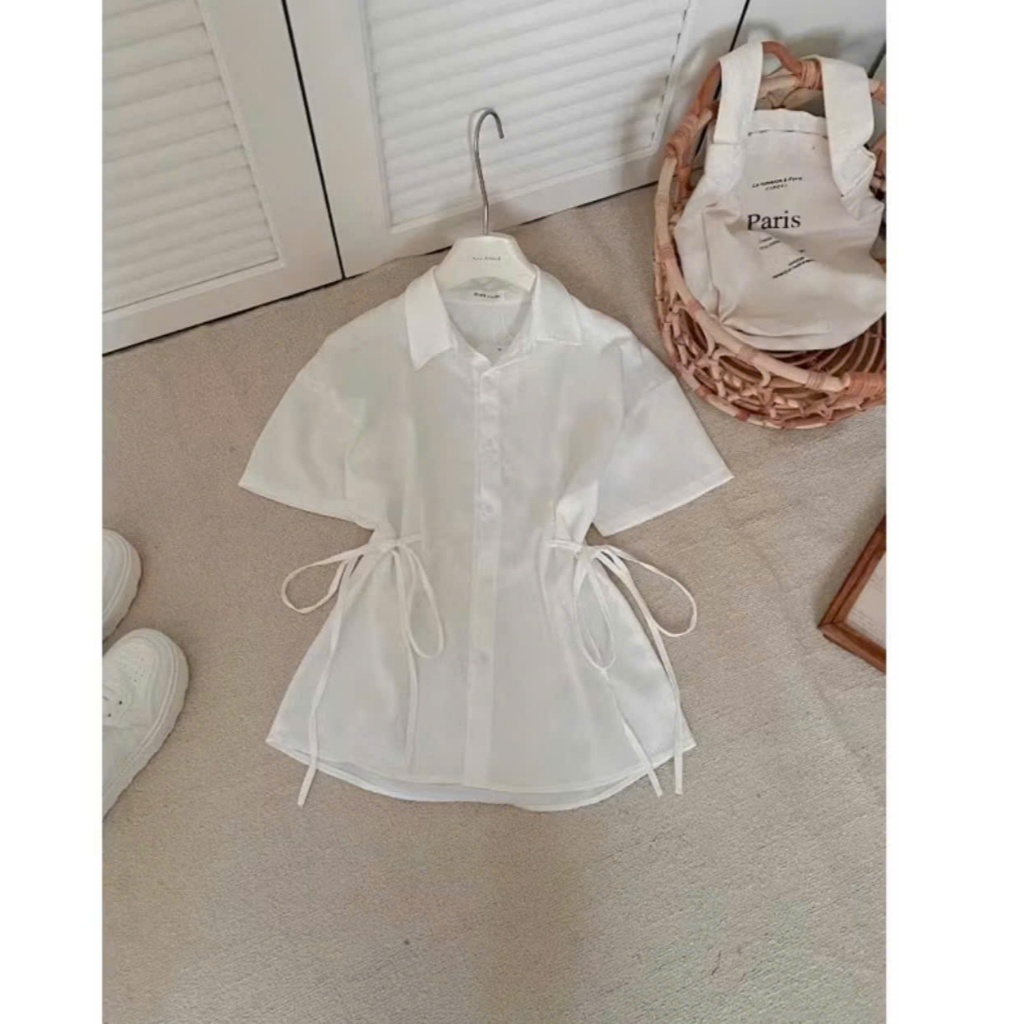 Áo sơ mi cộc tay chất đũi thô chiết eo nơ,áo kiểu nữ có dây buộc eo nhẹ nhàng kiểu dáng tiểu thư,thanh lịch ,hottrend | BigBuy360 - bigbuy360.vn