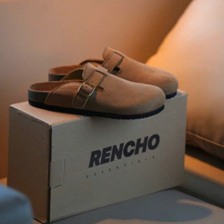 RENCHO PREMIUM Dép Nam Nữ da bít mũi MULE BOSTON màu SAND NUBUCK KHÓA đế trấu định hình lòng bàn chân