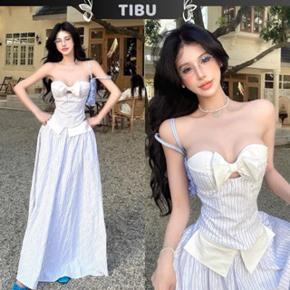 Set Áo Quây Cúp Ngực Đính Nơ Phối Chân Váy Xoè TIBU Set Đồ Nữ Tiểu Thư Sang Chảnh Kẻ Sọc Đi Chơi Biển Tôn Dáng B301