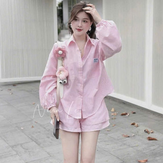Set đồ nữ kẻ hồng dài tay cổ sơ mi mix quần đùi 2 viền thiết kế NINA LE TỰ MAY LẠI basic lipu