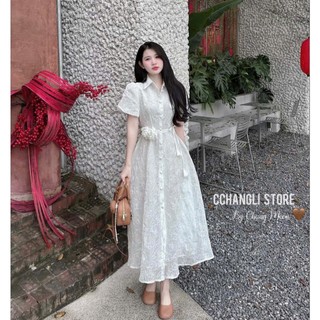 Đầm dáng dài cổ sơ mi tay ngắn chân váy xòe chất thêu kim đính cúc kèm hoa thiết kế xinh xắn phong cách Hàn Quốc