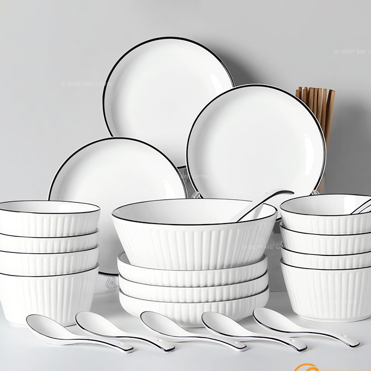 Bát thìa đĩa cốc sứ viền đen cao cấp