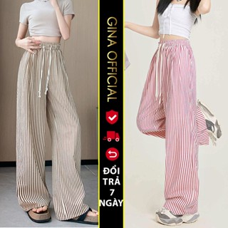 Quần Vải Dài Kẻ Sọc Ống Suông Rộng Nữ Chất Liệu Đũi Xốp Dầy Dặn Mềm Mát