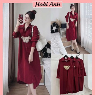 Váy Sơ Mi Nữ Đỏ Đô Dáng Dài Đính Cún Chó Xù Mặt Lông Đầm Sơ Mi Nữ Feesize Form Rộng