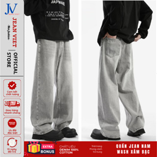 Quần Jean Nam Dáng Baggy Ống Suông Màu Wash Xám Bạc Chất Vải Dày Dặn Cao Cấp, HOTTREND JEAN VIỆT