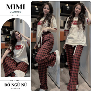Đồ bộ nữ đồ mặc nhà, set đồ nữ áo phông cộc họa tiết mix quần kẻ caro thể thao năng động MIMI CLOTHES hcom25322