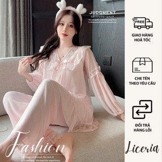 Bộ Đồ Ngủ Áo Dài Quần Lửng LICERIA V12 Cổ V Chất Voan Lưới Mềm Mại Có Đệm Ngực Phong Cách Tiểu Thư Sang Chảnh .
