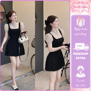 Set áo voan tơ bèo xám chì tay bồng mix váy yếm kèm nơ ngực dáng ngắn, đầm nữ 2 dây cổ vuông siêu xinh Yuumi HCOM25314