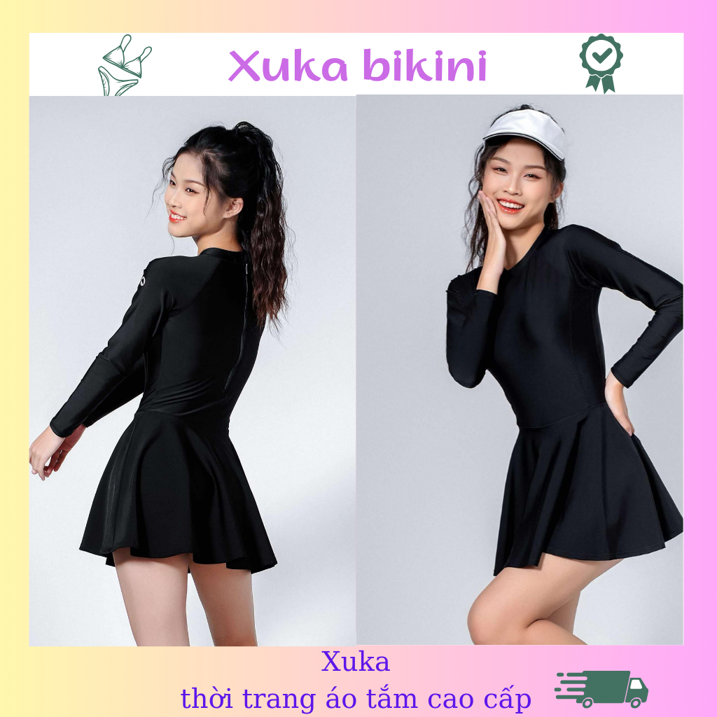 Đồ bơi nữ Angel bikini liền thân đồ bơi kín đáo tay dài váy chống nắng dây kéo sau lưg màu đen dể thương XUKA