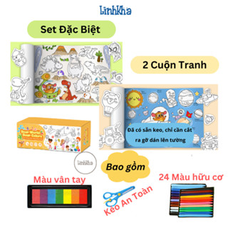 (Set đặc biệt) Bộ gồm 2 cuộn tranh tô màu dài 3 mét dán tường kèm 24 màu hữu cơ, 8 màu vân tay và kéo - Lalala baby