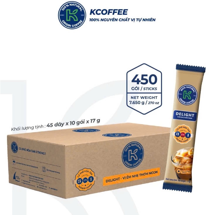 Cà phê hòa tan 3in1 K Delight Thùng 7650g K Coffee (17g x 450 gói)
