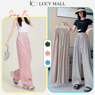 Quần Vải Dài Kẻ Sọc Ống Suông Rộng Nữ Lucy Mall Chất Liệu Đũi Xốp Dầy Dặn Mềm Mát