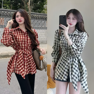 Áo sơ mi kẻ cotton buộc vạt thắt nơ eo