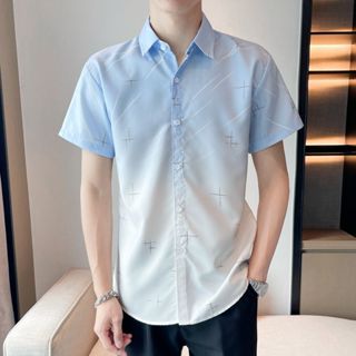 Áo sơ mi nam ngắn tay phối hoạ tiết sọc xéo loang màu ERINA đẹp chất kate lụa cổ bẻ Hàn Quốc