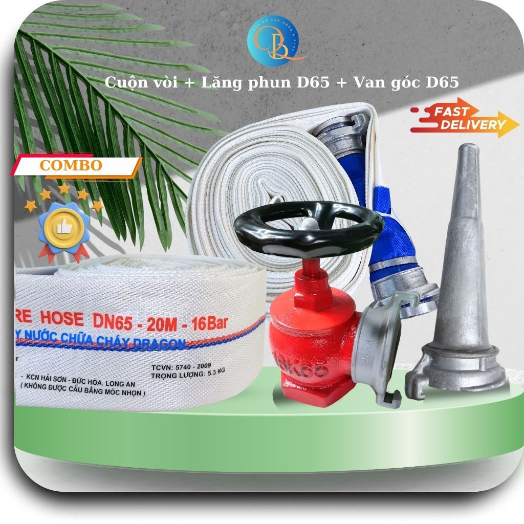 Combo - Cuộn vòi dẫn nước chữa chay Dragon  D65 10bar 20m + Lăng phun D65 + Van Góc D65, hàng chất l