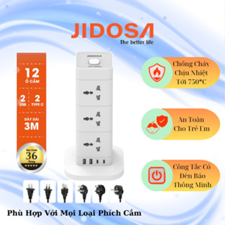 Ổ cắm điện tháp vuông đa năng thông minh JIDOSA T1214T 12 phích cắm tải 3000W USB -Type C dây dài 3m