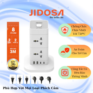 Ổ cắm điện tháp vuông đa năng thông minh JIDOSA T814T 8 Ổ cắm tải 3000W USB - Type C dây dài 3m