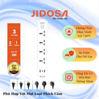 Ổ cắm điện đa năng JIDOSA JD-D413T 2 cổng USB 1 type C chống cháy công suất 2500W, nhựa PP dây 3m