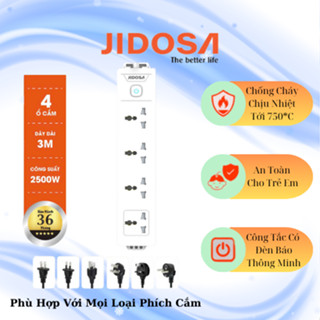 Ổ cắm điện đa năng chính hãng JIDOSA JD-D410 chống cháy 4 phích cắm tải 2500W, nhựa PP dây dài 3m