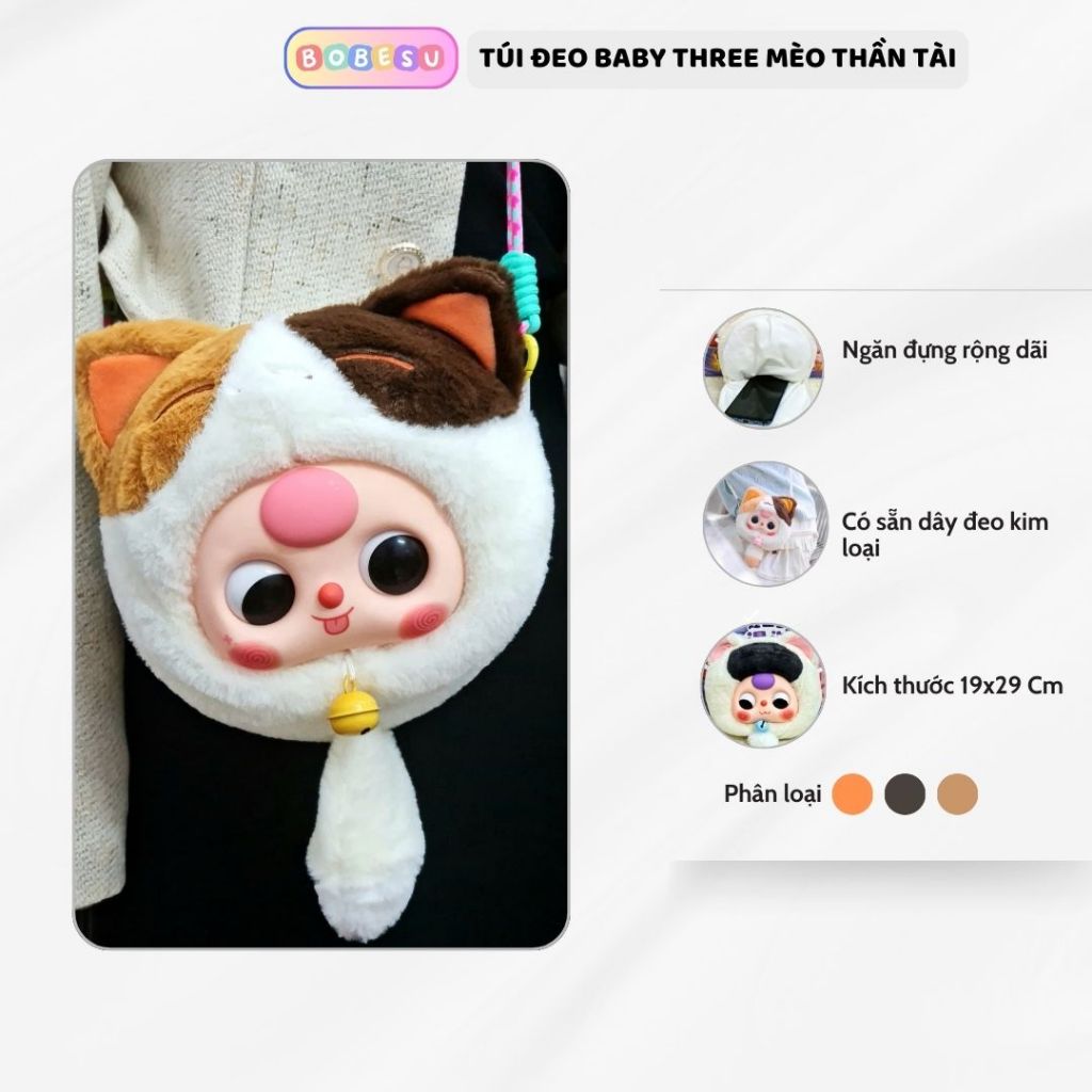 Túi đeo chéo túi đeo vai hình baby three mèo thần tài cho bé đeo đi chơi kích thước 19x29Cm có sẵn dây đeo kim loại