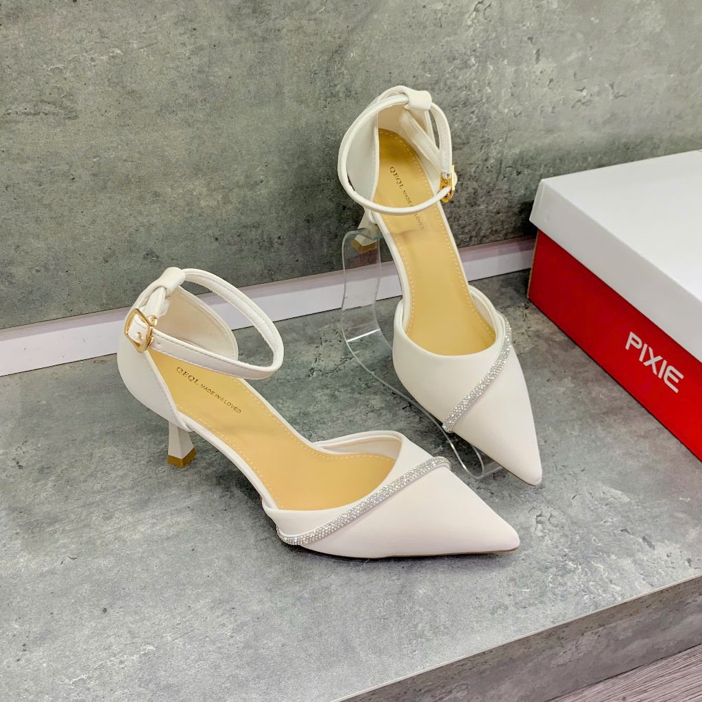 GIày Cao Gót 7cm Hở Eo Quai Cổ Chân Phối Dây Đính Đá C231