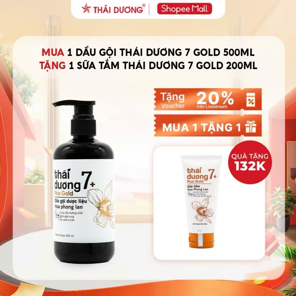 Combo Dầu gội thái dương 7 plus gold 500ml, hoa phong lan + sữa tắm thái dương 7 plus gold chai 250m