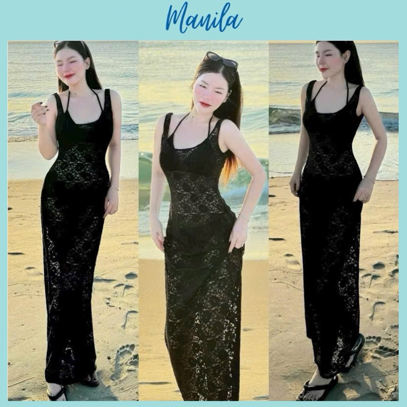 (SG Hỏa tốc)Set bộ bikini 3 món mặc đi biển quần + áo bra + áo ngoài body ren maxi màu đen tôn dáng MANILA | BigBuy360 - bigbuy360.vn