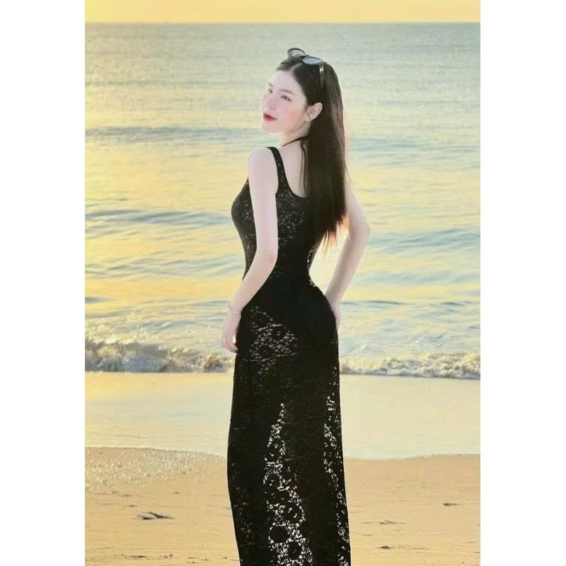 (SG Hỏa tốc)Set bộ bikini 3 món mặc đi biển quần + áo bra + áo ngoài body ren maxi màu đen tôn dáng MANILA | BigBuy360 - bigbuy360.vn