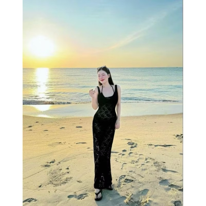 (SG Hỏa tốc)Set bộ bikini 3 món mặc đi biển quần + áo bra + áo ngoài body ren maxi màu đen tôn dáng MANILA | BigBuy360 - bigbuy360.vn