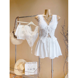 Set Áo Croptop Và Chân Váy SET CROP TRẮNG XÔ REN CỘT DÂY NGỰC + CHÂN VÁY  XOÈ FORM NGẮN