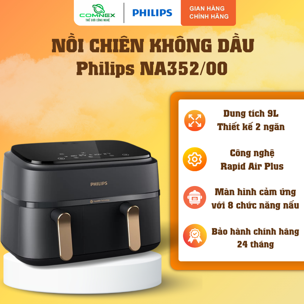 Nồi chiên không dầu hai ngăn hai giỏ chiên Dual Basket Philips NA352/00 NA352 Tổng dung tích 9L - Hà