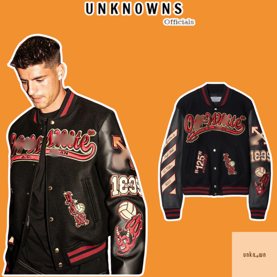 👑[Mirror Quality]👑-Áo Khoác Varsity Jacket O.FF-White C/O Ac Milan SS24,Áo khoác bóng đá ACmilan bản