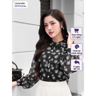 Áo sơ mi công sở nữ LAVENDER màu đen chất liệu voan kim tuyến hoạ tiết hoa A4129 