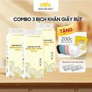Combo 3 Bịch khăn giấy rút Bao Bì Mới Tặng kèm 200c khẩu trang 5D Bông Sen vàng (+2 móc treo tường)