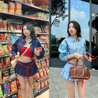 [S2.3038] Set Bò 3 Món Áo Khoác Bò Kèm Áo Quây Đỏ Mix Chân Váy Bò Xếp Ly 2 Màu ( cvay có lót)