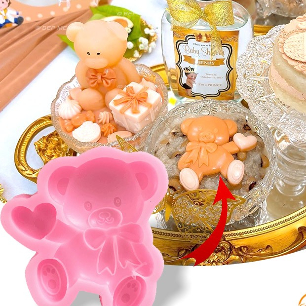 Khuôn silicon gấu nhấn đậu gấu cạn thắt nơ cầm tim khuôn xôi đậu