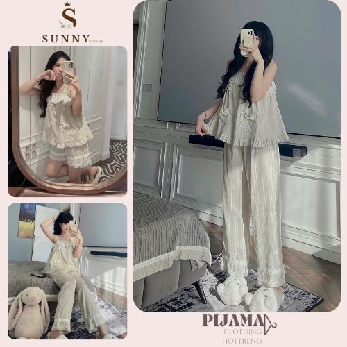 đồ ngủ nữ,đồ bộ nữ đồ mặc nhà 2 dây màu xanh ngọc họa tiết nơ phong cách công chúa bánh bèo Sunny hc