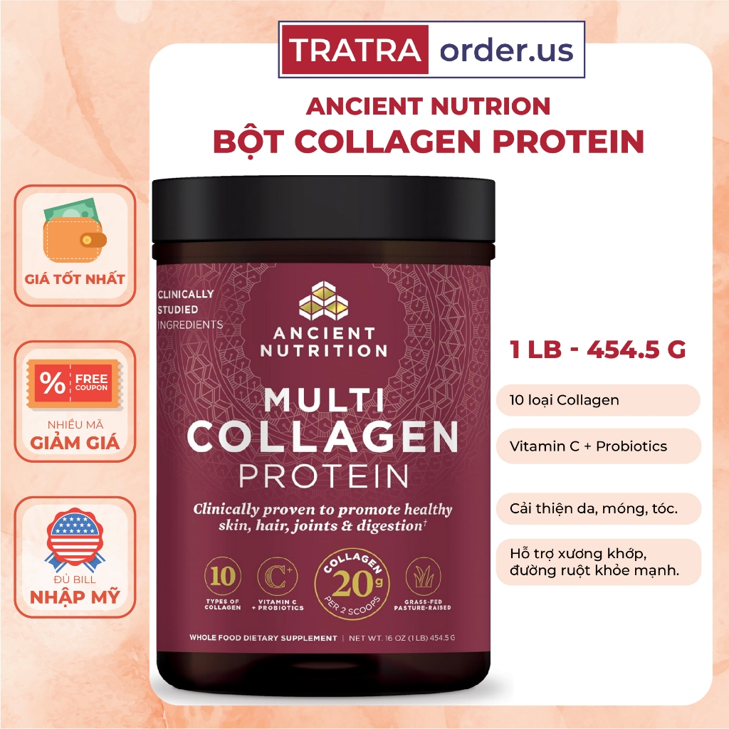 Bột Collagen 10 Loại Thuỷ Phân Ancient Nutrition Multi Collagen Protein VitaminC Probiotic