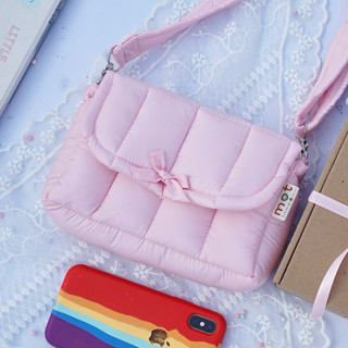 Túi đựng điện thoại bông phồng, túi đeo chéo nhồi bông phối nơ_Điện thoại nơ Mọt handmade