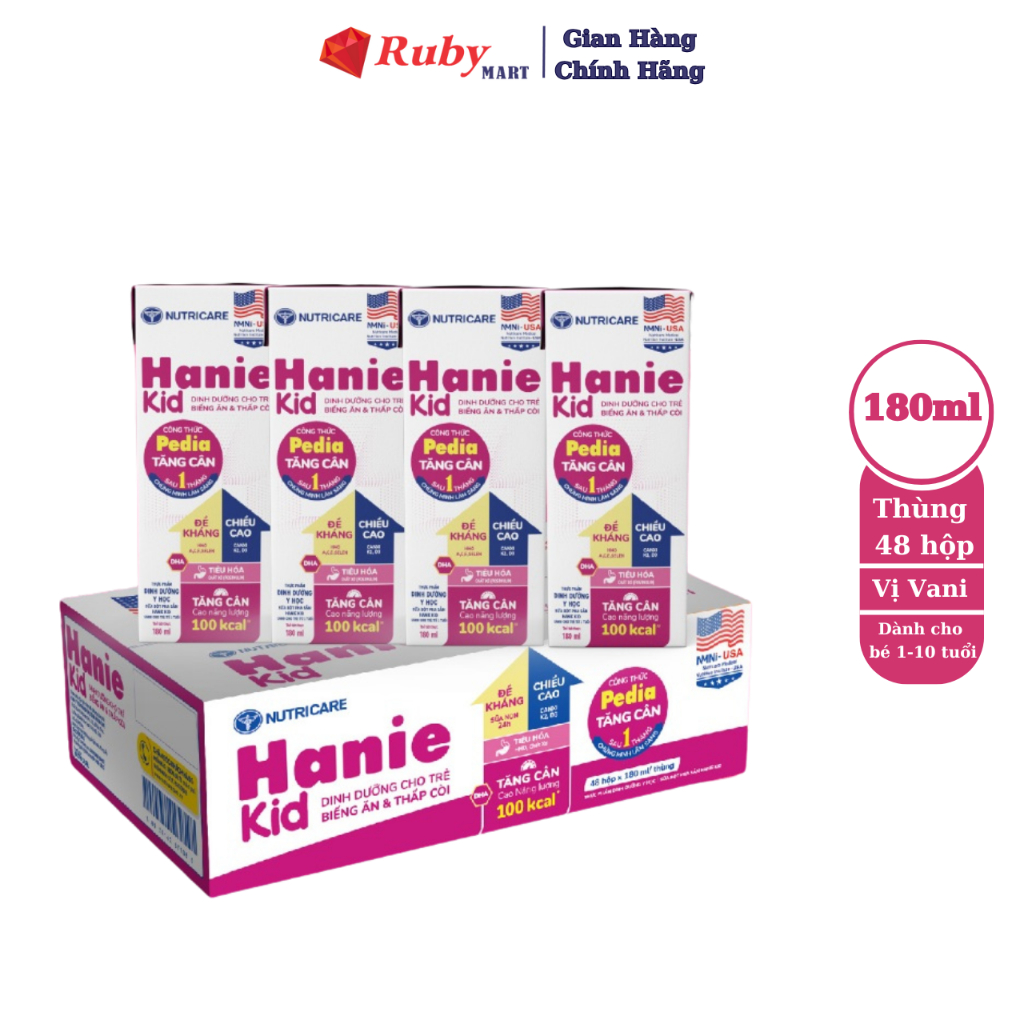 Thùng 48 hộp 180ml sữa bột pha sẵn Nutricare Hanie Kid cho trẻ biếng ăn suy dinh dưỡng