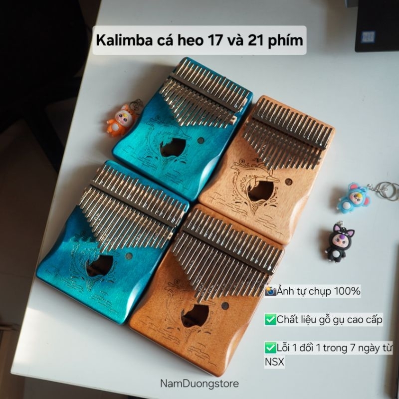 Đàn Kalimba 17 phím 21 phím gỗ thịt nguyên khối hình cá heo có sách hướng dẫn, búa chỉnh